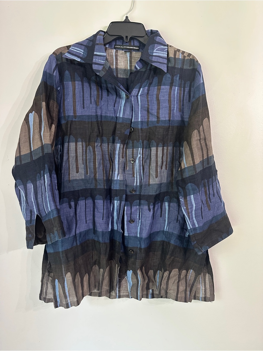 Linda Allard Ellen Tracy 100% Linen Abstract Drip Print Shirt
Blue Brown Size 8